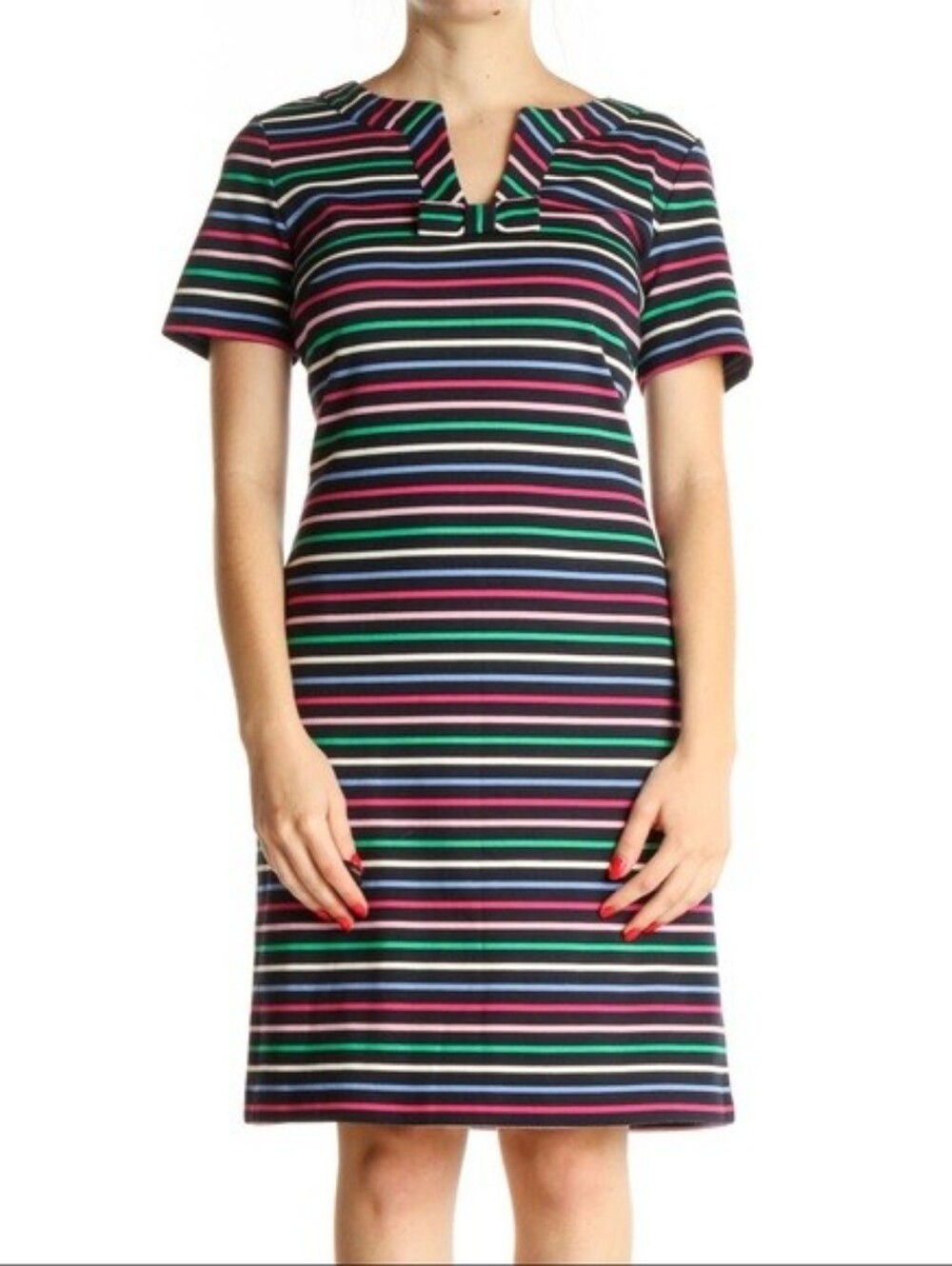 L Talbots Striped Navy Bow Preppy Short Sleeve Shirt Dress